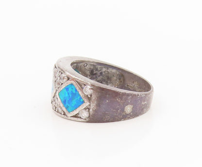 925 Sterling Silver Vintage Ring Fire Opal & CZ Statement Band  Sz 7  RG35023