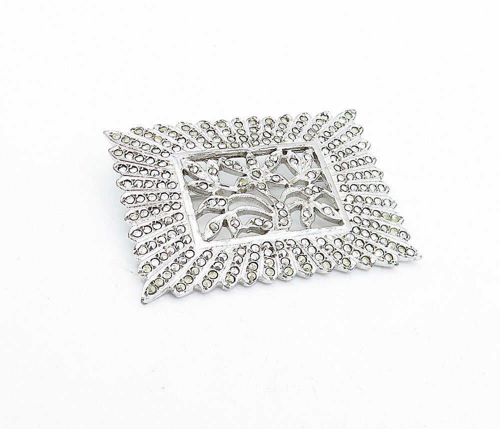 925 Sterling Silver  Vintage Sparkling Bordered Floral Brooch Pin  BP1421