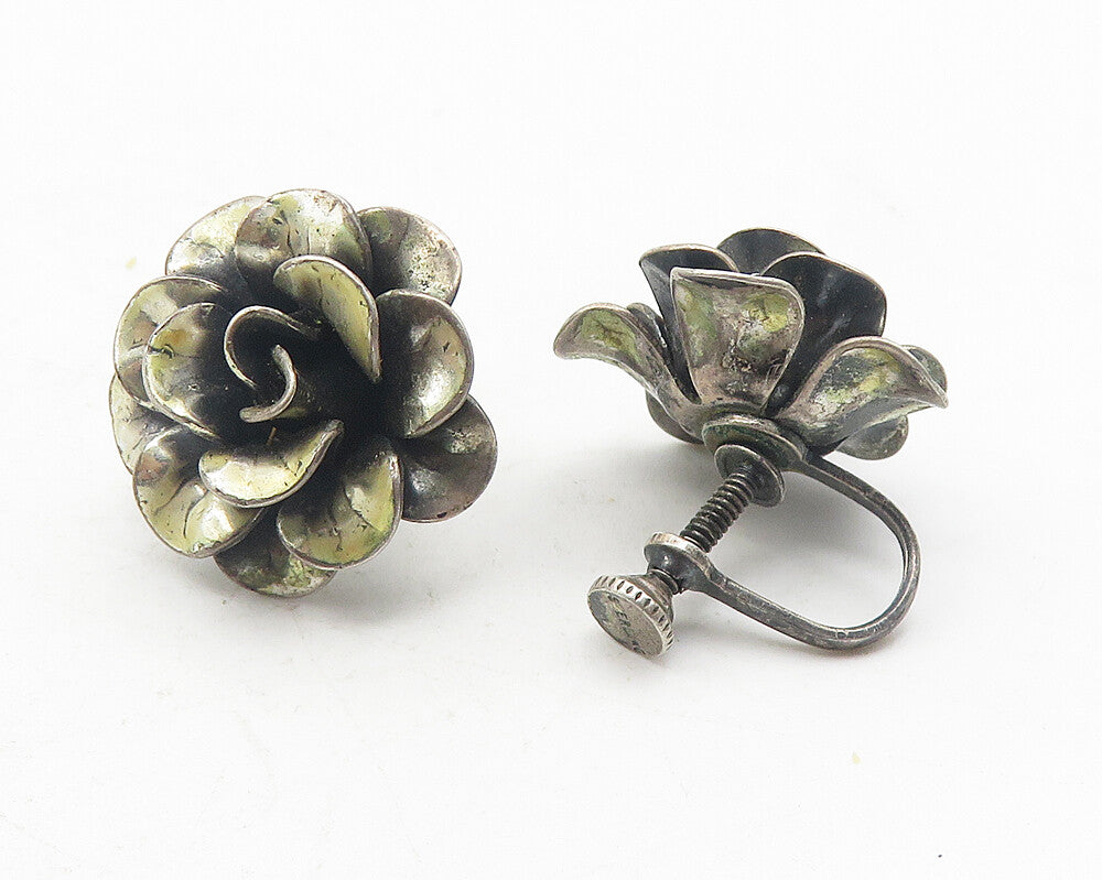 925 Sterling Silver  Vintage Dark Tone Flower Non Pierce Earrings  EG6147