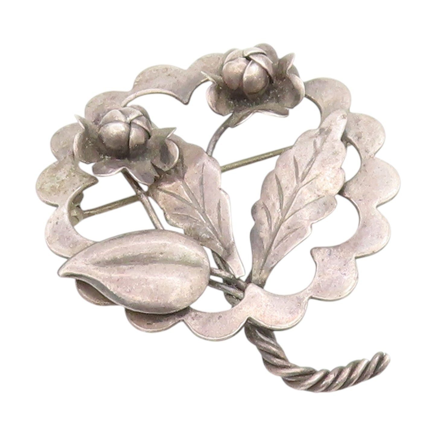 925 Sterling Silver Vintage Brooch Elegant Twisted Stem Floral Blossom  BP12251