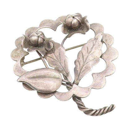 925 Sterling Silver Vintage Brooch Elegant Twisted Stem Floral Blossom  BP12251