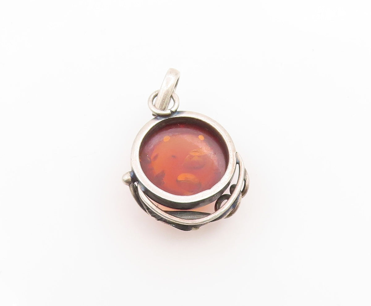 925 Sterling Silver Vintage Pendant Round Cabochon Amber Leaf Motif  PT26242
