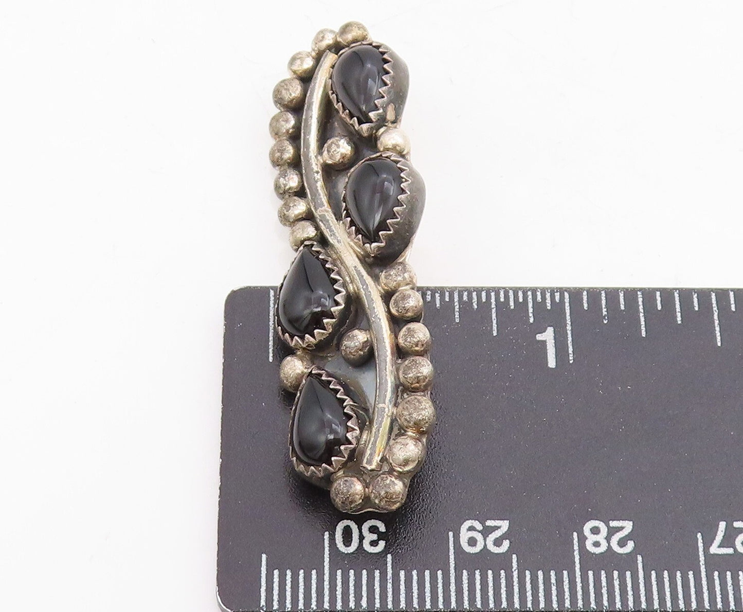 925 Sterling Silver Vintage Brooch Pin BENALLY NAVAJO Drop Shape Onyx  BP11460