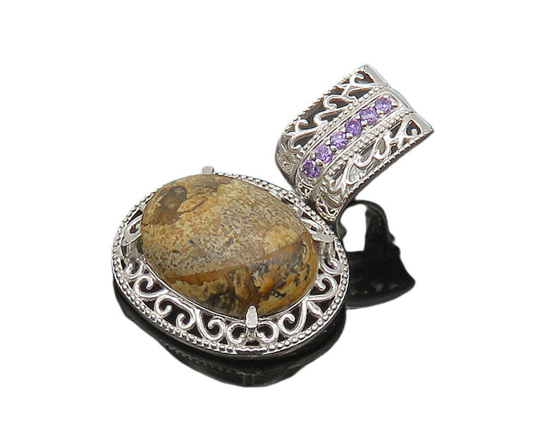 925 Sterling Silver  Vintage Cabochon Cut Jasper & Amethyst Pendant  PT15644