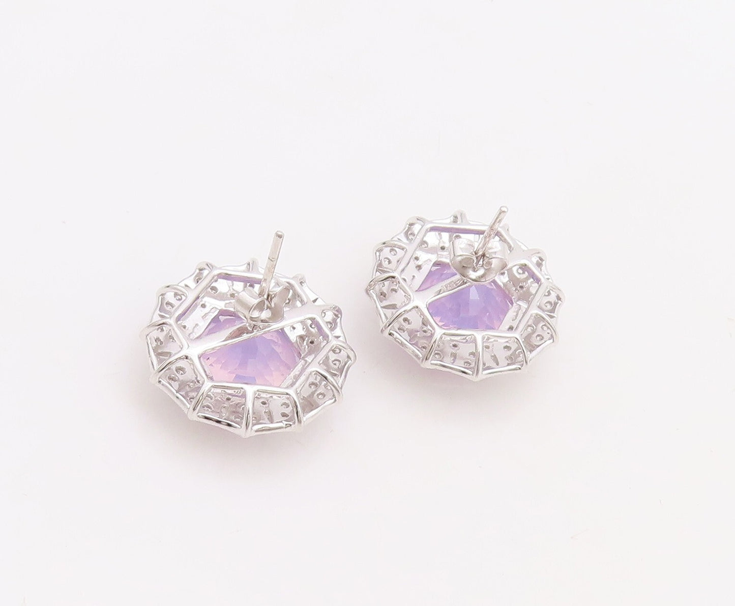 925 Sterling Silver Vintage Earrings Purple & White CZ Floral Inlay  EG13247
