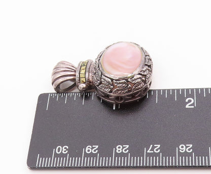 925 Sterling Silver Vintage Pendant Mother Of Pearl Etched Floral Design PT24869