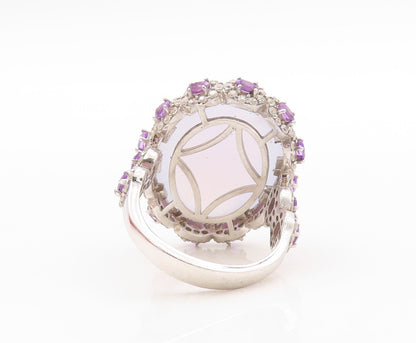 925 Sterling Silver Vintage Ring Gemstone Amethyst & CZ Flowers  Sz 8.5  RG30672