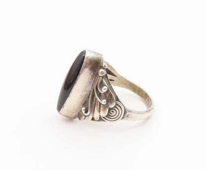 925 Sterling Silver Vintage Ring NAVAJO Onyx Feather & Scroll  Sz 8  RG36866