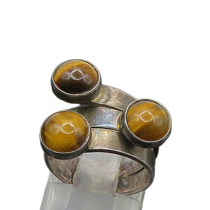 ISRAEL 925 Silver  Vintage Cabochon Cut Tiger's Eye Band Ring Sz 5  RG21739
