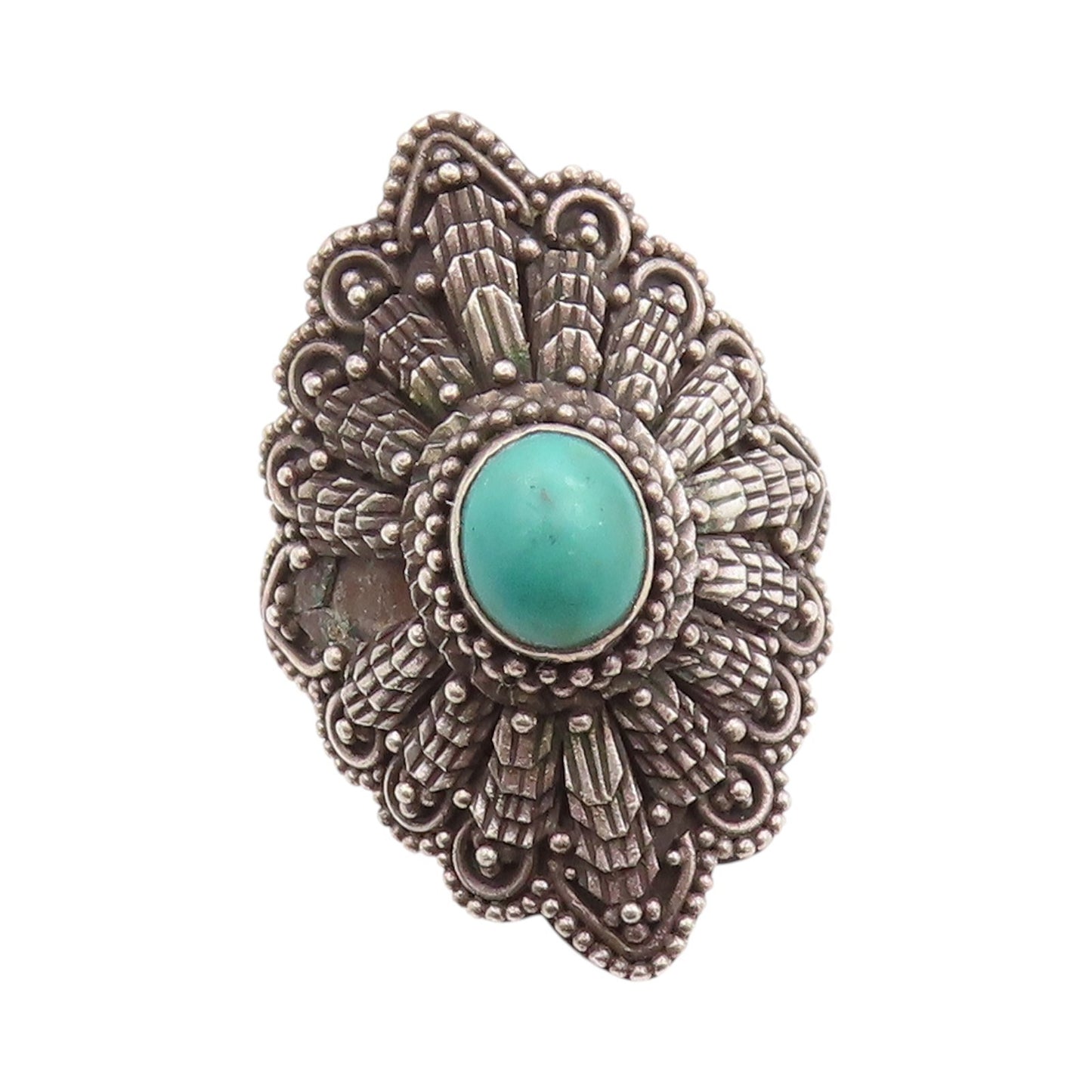 925 Sterling Silver Vintage Ring Antique Dark Tone Turquoise Flower Sz 7 RG32740
