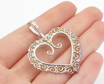 925 Sterling Silver  Vintage Shiny Swirl Border Open Love Heart Pendant PT5240