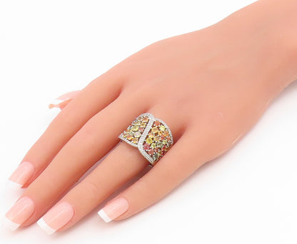 925 Sterling Silver Vintage Ring Multi Gemstone Wide Cluster Band Sz 11 RG36826