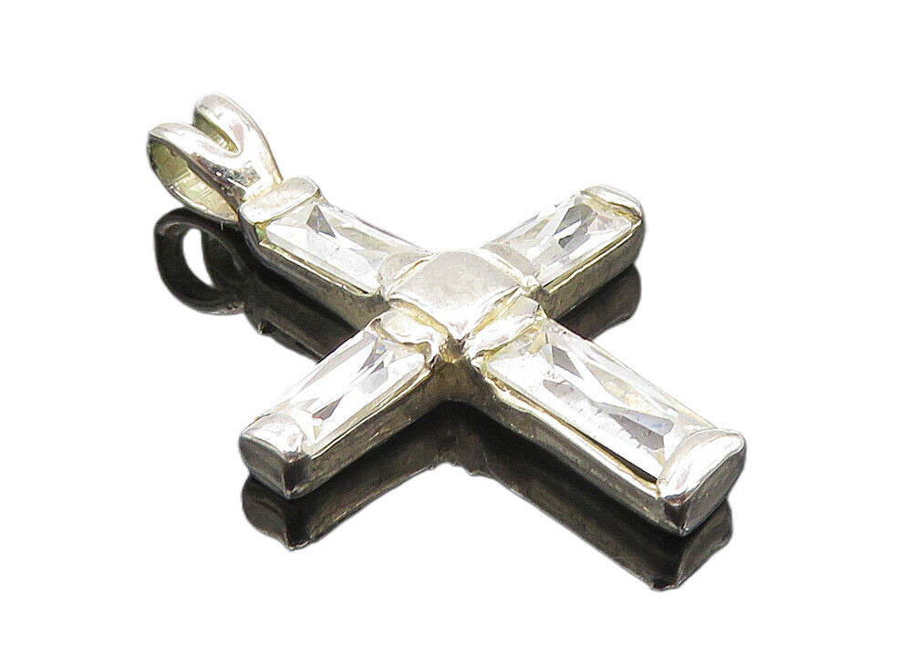 925 Sterling Silver  Vintage Cubic Zirconia Religious Cross Pendant  PT7589