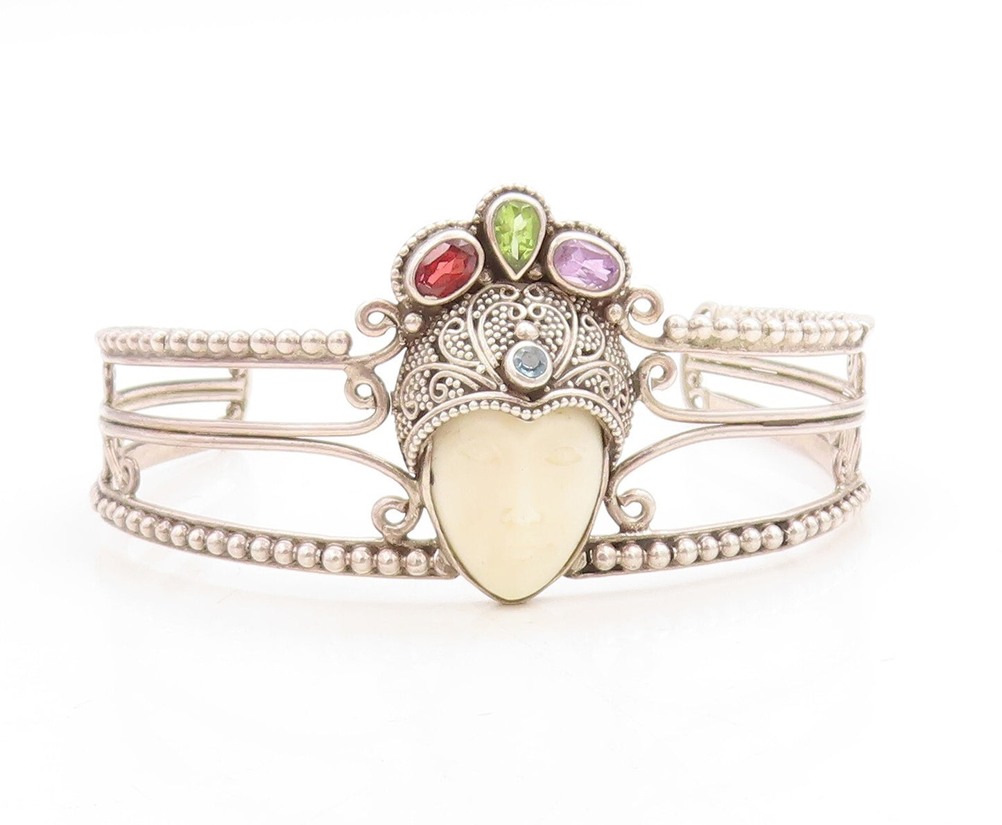 925 Sterling Silver Vintage Bracelet Garnet Peridot Amethyst Crown Face  BT10945