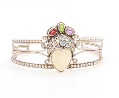 925 Sterling Silver Vintage Bracelet Garnet Peridot Amethyst Crown Face  BT10945