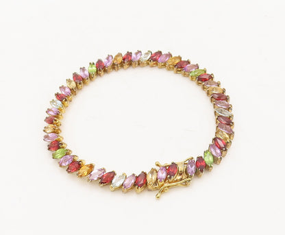 925 Sterling Silver Vintage Bracelet Gold Plated Marquise Rainbow Gems  BT10246
