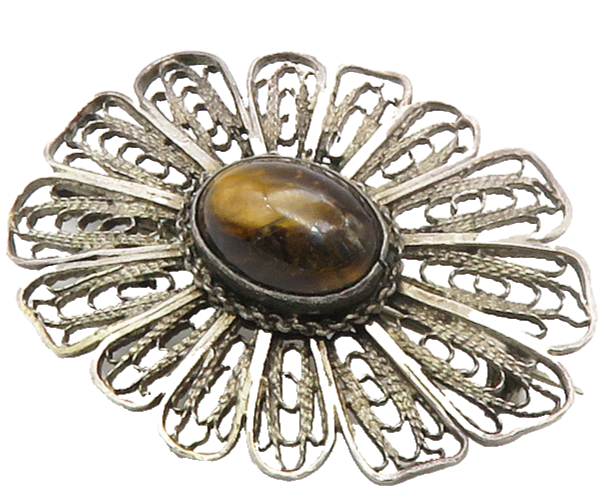 ISRAEL 925 Sterling Silver  Vintage Tiger's Eye Filigree Brooch Pin  BP5598