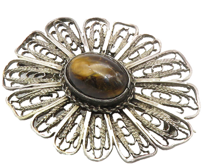 ISRAEL 925 Sterling Silver  Vintage Tiger's Eye Filigree Brooch Pin  BP5598