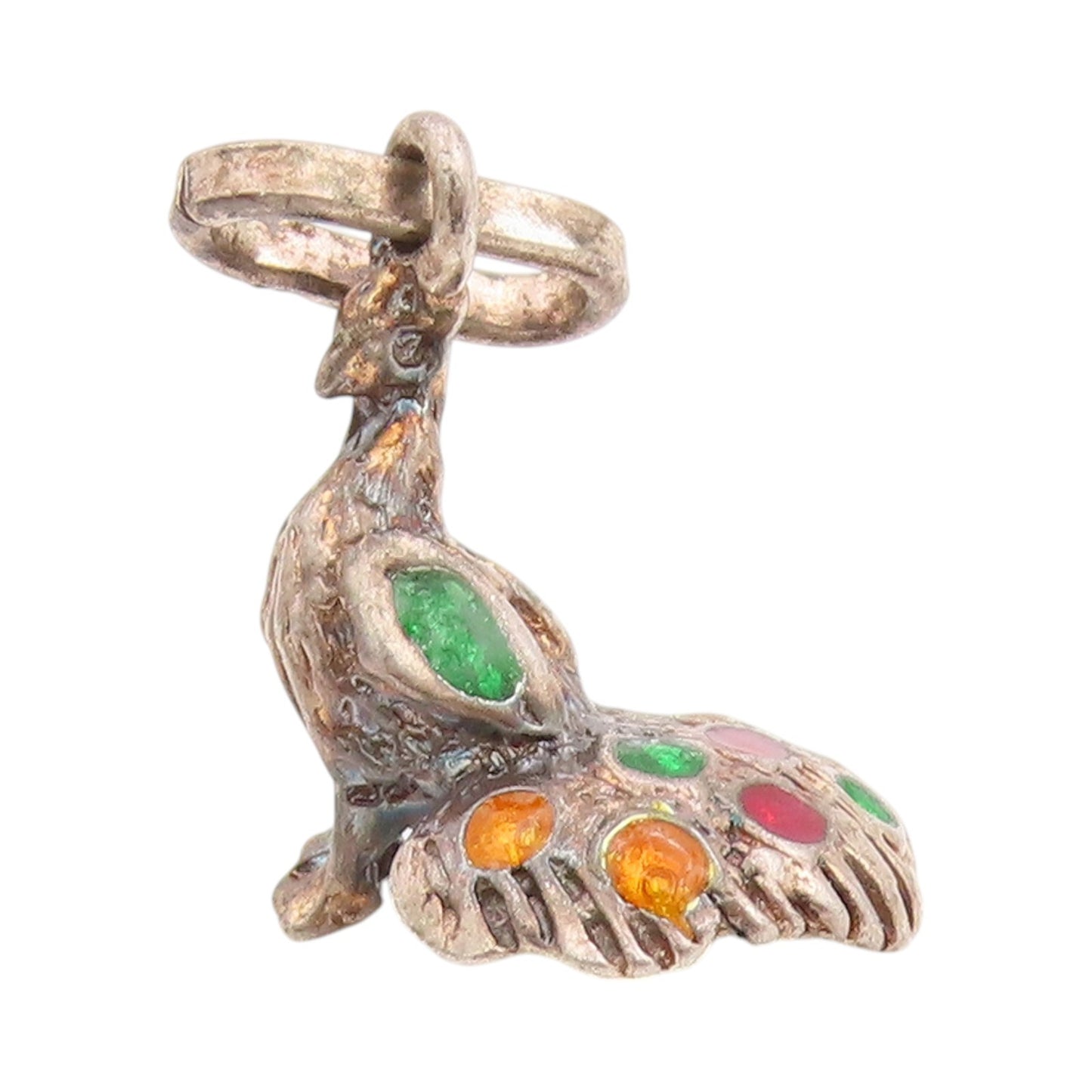 925 Sterling Silver Vintage Pendant Enameled 3D Carved Peacock Charm  PT24426