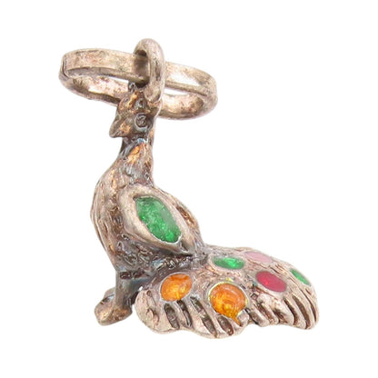 925 Sterling Silver Vintage Pendant Enameled 3D Carved Peacock Charm  PT24426