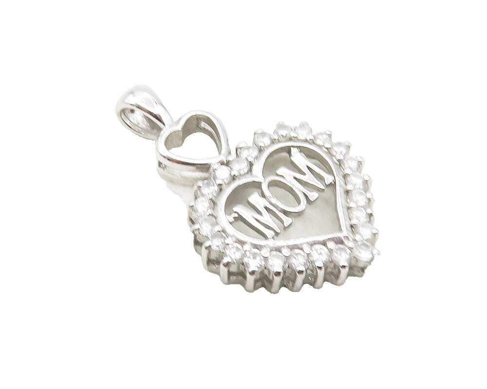 925 Sterling Silver  Shiny White Topaz Mom Love Heart Drop Pendant  PT7307