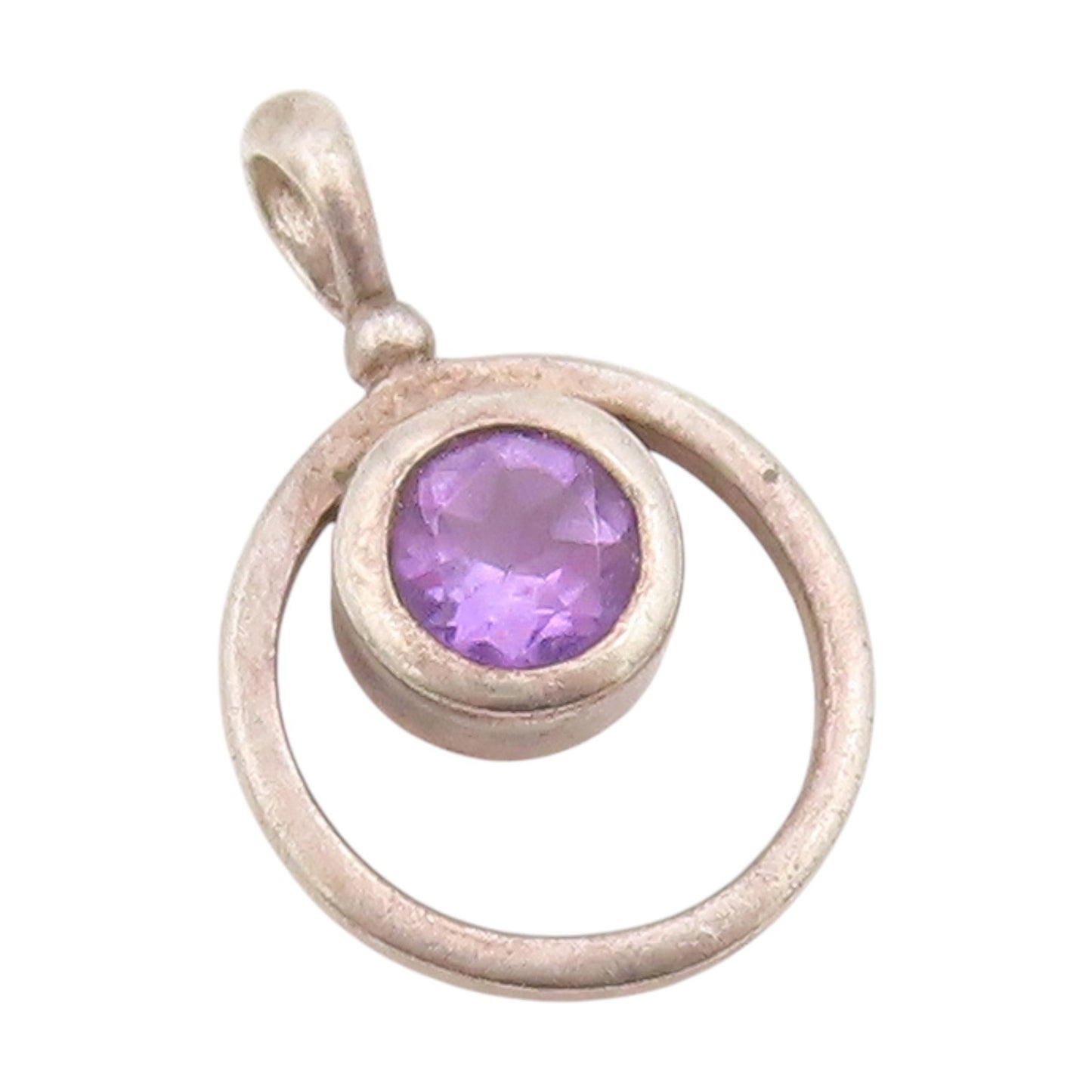 925 Sterling Silver Vintage Pendant Bezel Set Amethyst Circular Charm  PT25497