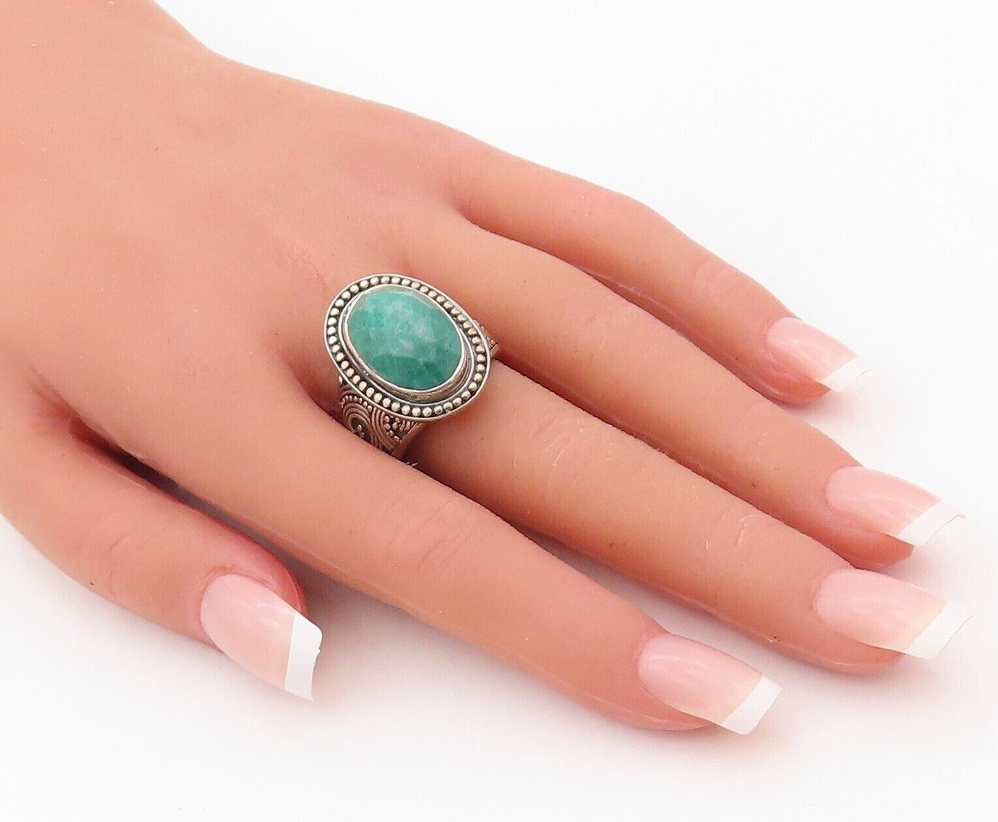 925 Sterling Silver Vintage Ring Oval Cut Gemstone Swirly Carved  Sz 9.5 RG30226