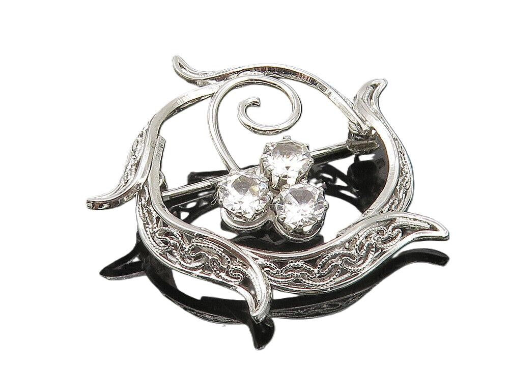 925 Sterling Silver  Cubic Zirconia Floral Swirl Wreath Brooch Pin  BP4266