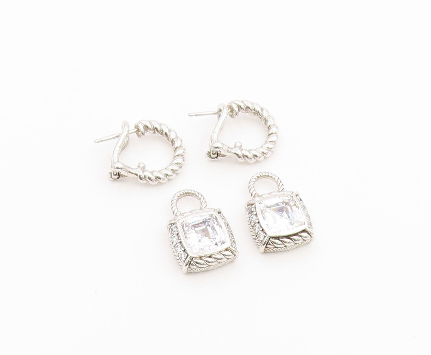 925 Sterling Silver Vintage Earrings JUDITH RIPKA CZ Twisted Rope Drop  EG14493