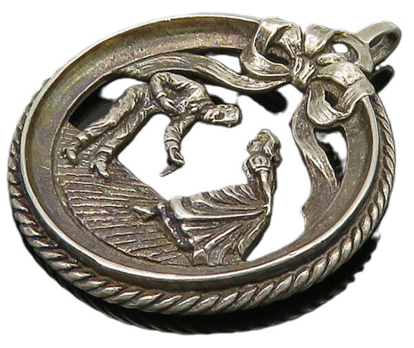 925 Sterling Silver  Vintage Dancing Couple Dark Tone Round Pendant  PT18036