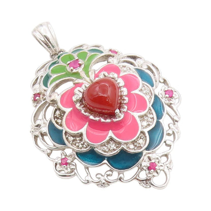 925 Sterling Silver Vintage Pendant CZ & Enameled Floral Gemstone Heart  PT24362