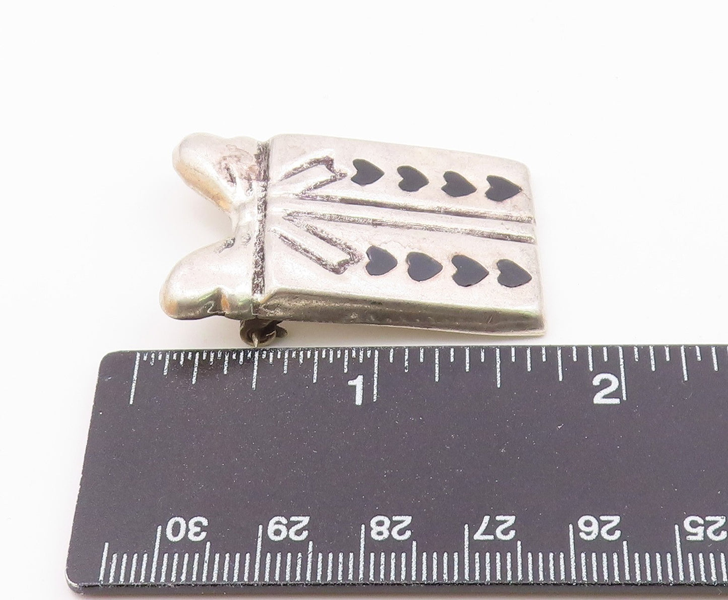MEXICO 925 Silver  Vintage Black Onyx Ribbon Bow Gift Box Brooch Pin  BP7761