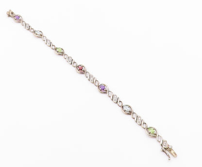 925 Sterling Silver Vintage Genuine Diamond & Multi Stone Chain Bracelet BT8314