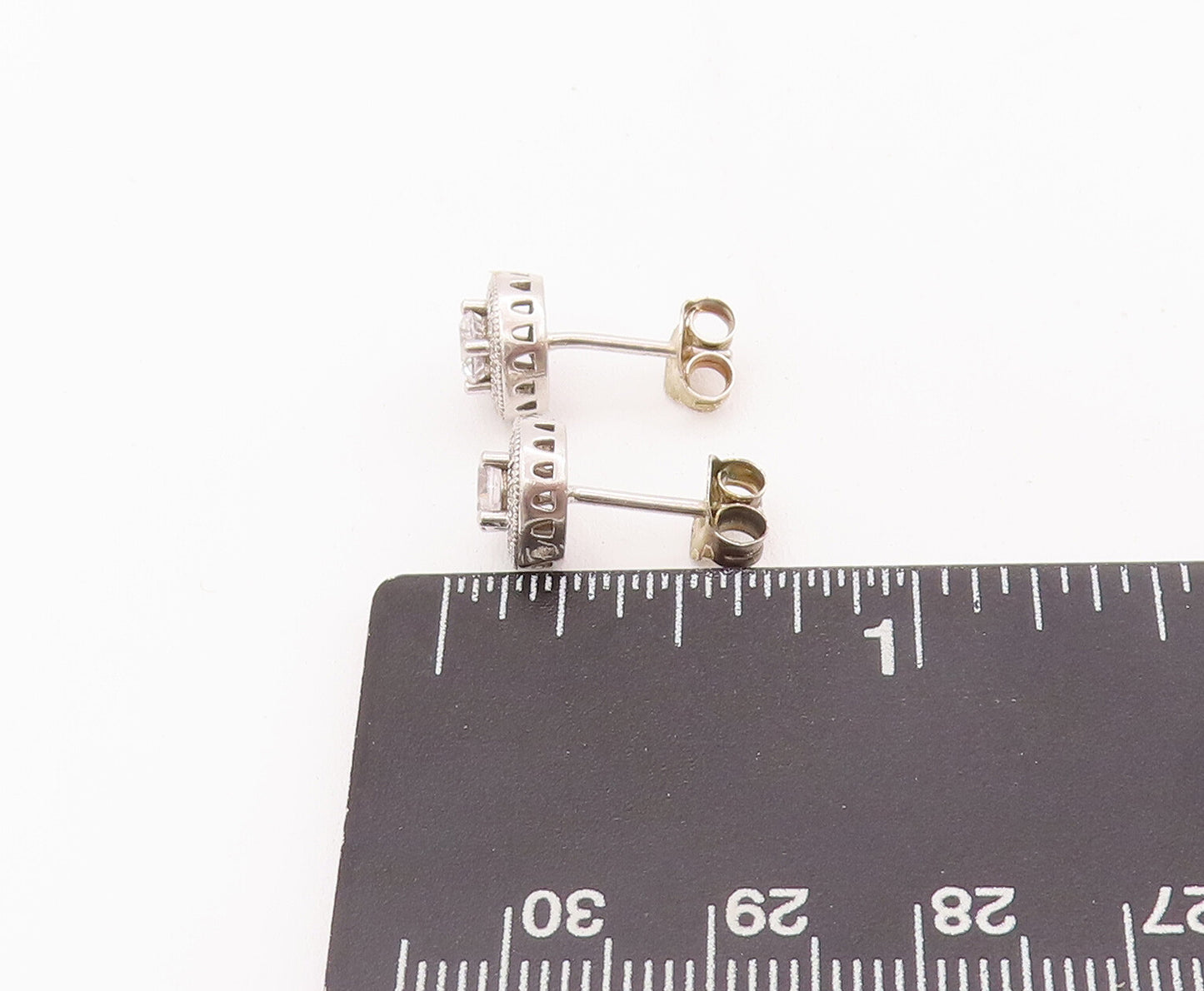 925 Sterling Silver Vintage Earrings Round Maine Stone Halo CZ Band Stud EG12899