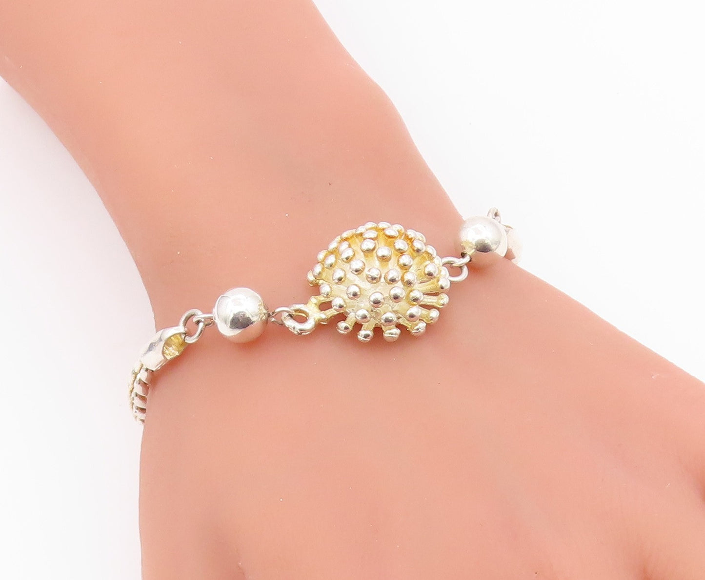 925 Sterling Silver  Vintage Shiny Spiked Dome Twist Chain Bracelet  BT8005