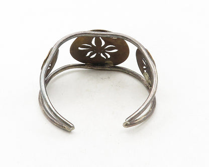 925 Sterling Silver  Vintage Flower Cutout Dark Tone Cuff Bracelet  BT4208