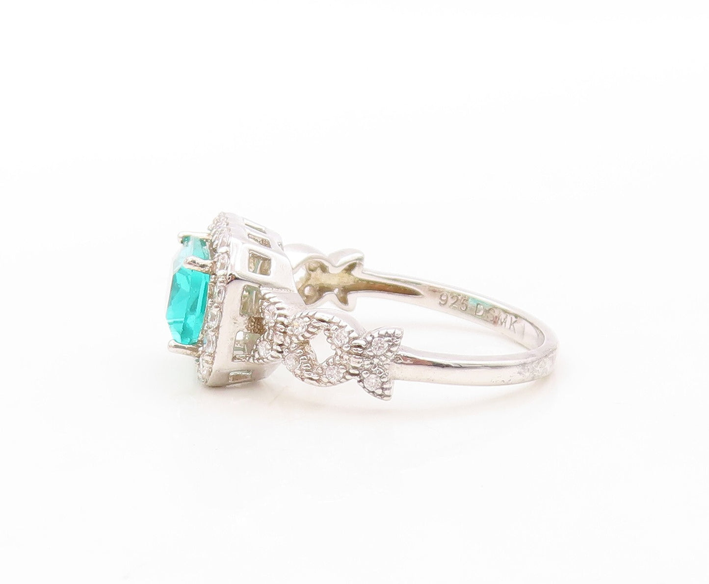 925 Sterling Silver Vintage Ring Rectangle Sea Green Halo White CZ  Sz 7 RG30851