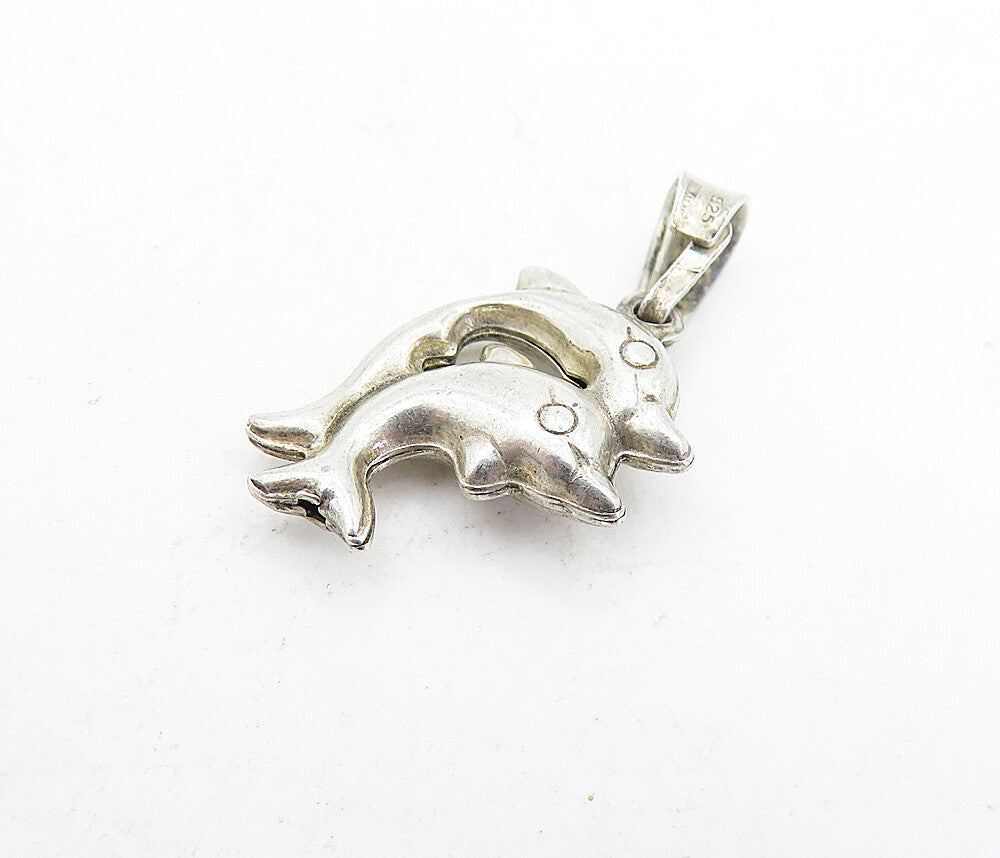 925 Sterling Silver  Vintage Petite Double Leaping Dolphin Love Pendant PT3902