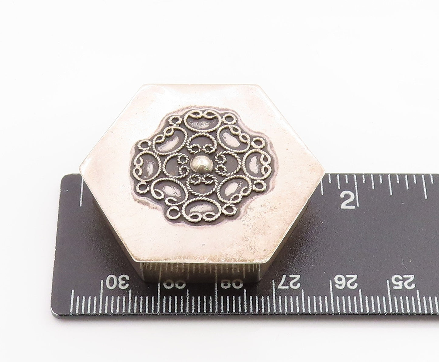 925 Sterling Silver Vintage Pill Box ISRAEL Floral Hexagon Trinket OPENS  TR4057