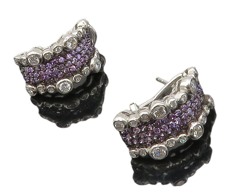 925 Sterling Silver  Shiny Purple & White Cubic Zirconia Drop Earrings  EG8489