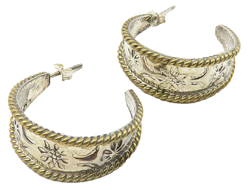 925 Sterling Silver  Vintage 2 Tone Floral Rope Twist JHoop Earrings  EG5777