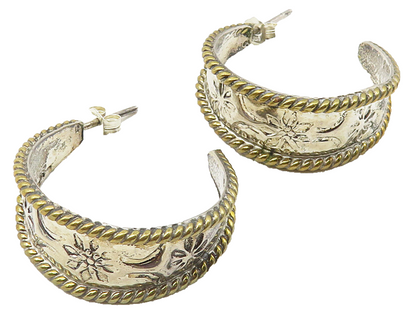 925 Sterling Silver  Vintage 2 Tone Floral Rope Twist JHoop Earrings  EG5777