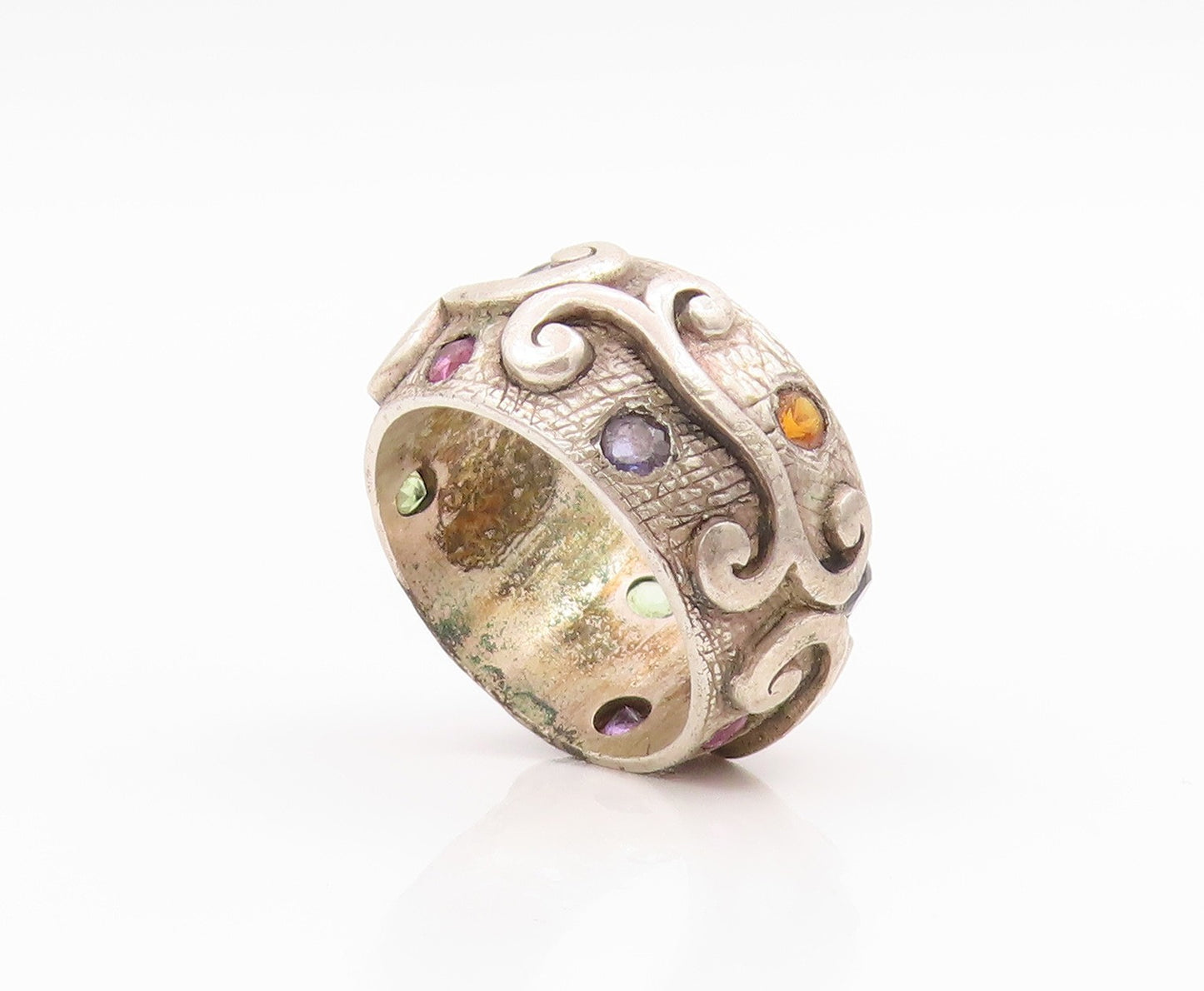 925 Sterling Silver Vintage Ring Multi Gemstone Swirly Scroll Band Sz 7 RG35728