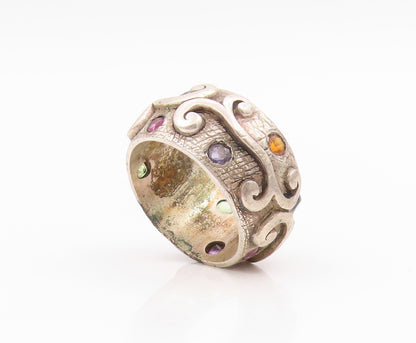 925 Sterling Silver Vintage Ring Multi Gemstone Swirly Scroll Band Sz 7 RG35728