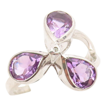 925 Sterling Silver Vintage Ring Three Stone Amethyst Floral Petal Sz 7 RG36184