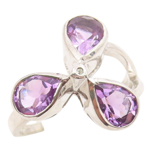 925 Sterling Silver Vintage Ring Three Stone Amethyst Floral Petal Sz 7 RG36184