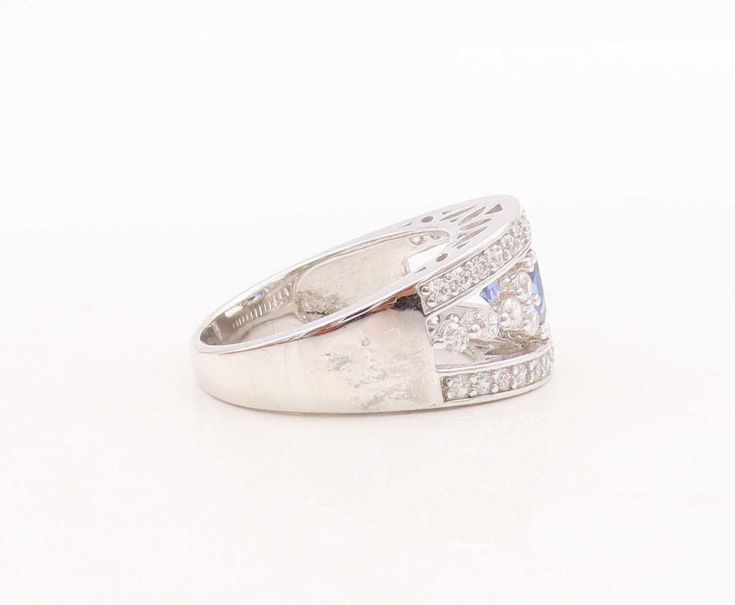 925 Sterling Silver Vintage Ring Designer Cut Sapphire CZ Inlay  Sz 7.5  RG29569