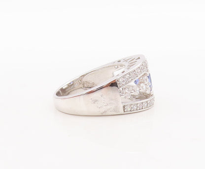925 Sterling Silver Vintage Ring Designer Cut Sapphire CZ Inlay  Sz 7.5  RG29569
