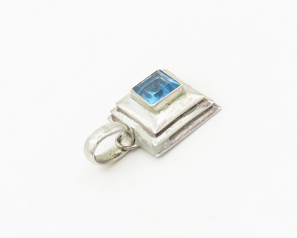 925 Sterling Silver  Vintage Faceted Blue Topaz Square Dome Pendant  PT14558