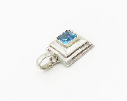 925 Sterling Silver  Vintage Faceted Blue Topaz Square Dome Pendant  PT14558
